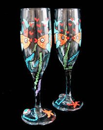 Flirty Fish Design - Hand Painted - Matching Set of Toasting Flutes - 6 oz.