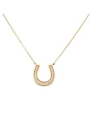 14K Yellow Gold High Polish Pave CZ Lucky Horseshoe Charm Pendant Necklace with Spring-ring Clasp - 17" Inches