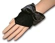 Wrist Length Stretch Black Velvet Fingerless Mitt Gloves with matching 4" Bow. Cuff extends just above the wrist bone.