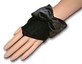 Wrist Length Stretch Black Velvet Fingerless Mitt Gloves with matching 4" Bow. Cuff extends just above the wrist bone.