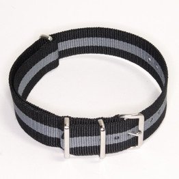 NATO Ballistic Nylon Watch Band - 16mm Black-Grey Strap - 3 Ring