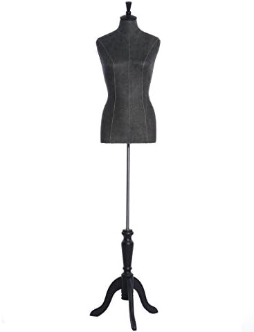 Ledrem Female Dress Form Mannequin Size 6-8 Medium, Dark Charcoal Gray Fabric Body and Wooden Tripod Stand, for Apparel Scarf Show, Room Decoration, Shopwindow Display