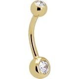 Solid 14kt Yellow Gold Clear Cz Single Gem Belly Ring
