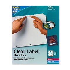 Avery 11445 Avery Index Maker White Dividers, 3-Tab, Lsr/IJ ,8-1/2 x 11, Clear, 25 Sets/Box