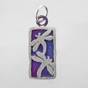 Rectangular Pretty Double Dragonfly Pendant in Sterling Silver with Patina Finish, #9153