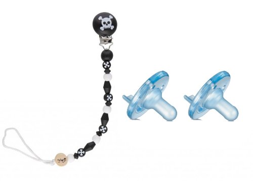 Bink Link Pacifier Holder with 2 Blue Soothies, Skully