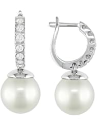 9-9.5mm White Freshwater Pearl and Diamond Accent Earrings in 10k WG