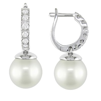 9-9.5mm White Freshwater Pearl and Diamond Accent Earrings in 10k WG