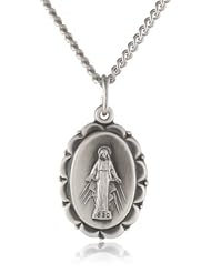 Sterling Silver Oval Miraculous Medal with Embossed Edge and Stainless Steel Chain, 20"