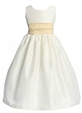 New Poly-Dupioni Flower Girl Dress with V-Back (Ivory or White with Alternate Waist Sash Colors) 2 to 12 Girls