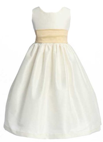 New Poly-Dupioni Flower Girl Dress with V-Back (Ivory or White with Alternate Waist Sash Colors) 2 to 12 Girls