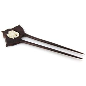 Hand Carved Sono Wood Double Prong Hair Pin With Organic Bone Elephant Design Inlay