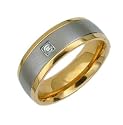 New Mens Titanium Gold Band Ring with Single White CZ Stone, 8mm Wide. Available in most sizes. Comes in a Quality Gift Box.