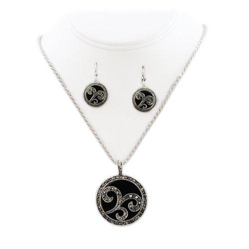 Marcasite and Shell Pendant Necklace & Earrings Set Fashion Jewelry