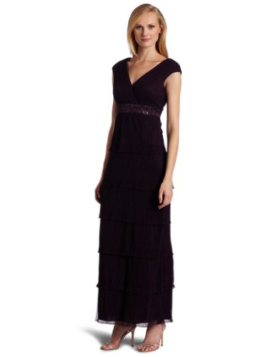 Jessica Howard Women's Missy Tiered Long Pleated Chiffon Dress, Eggplant, 12