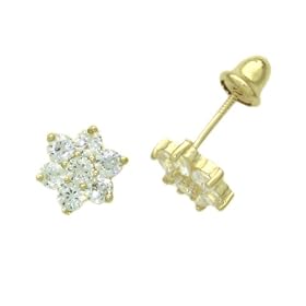 14K Gold Stud Earring White CZ Cluster Yellow Gold Earring With Screw-Back For Kids & Teens