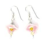 Sterling Silver, Lampwork Glass and Crystal Dangle Earrings Pink Lily