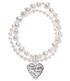 Handcrafted Baroni Sterling Silver Freshwater Pearl "I Love You xoxo" Heart Charm on 2 Perl Stretch Bracelets