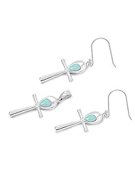 Sterling Silver Cross Pendant with Turquoise CZ with Earrings Jewelry Set