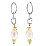 Faux Pearl Two Tone Sterling Silver Cable Drop Earrings