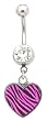Stainless Steel Belly Ring with Clear Crystals - Dangling Pink Stripe Heart