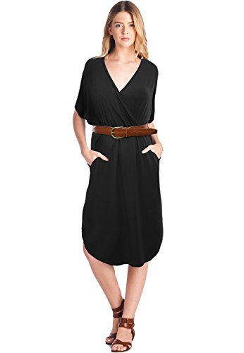 TRENDY UNITED Women's Short Sleeve High Waist Midi Dress with Pockets