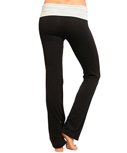 Simplicity Athletic Fold-Over Workout Yoga Pants Activewear, Black/Grey, M