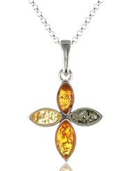 Sterling Silver Multi-Color Amber Cross Pendant Necklace on Rolo Chain, 18"