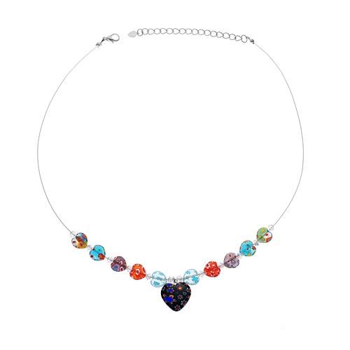 Multi-Colored Venetian Murano Glass Bead Millefiori Flower Heart Pendant Necklace, 16-19 inches