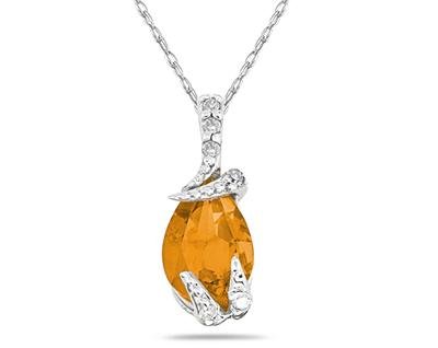 Pear Shaped Citrine and Diamond Pendant in White Gold