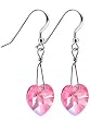 Pink Swarovski Crystal Heart Sterling Silver French Ear Wire Hook 1" Long Dangle Earrings