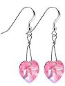 Pink Swarovski Crystal Heart Sterling Silver French Ear Wire Hook 1" Long Dangle Earrings