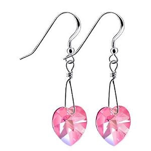 Pink Swarovski Crystal Heart Sterling Silver French Ear Wire Hook 1