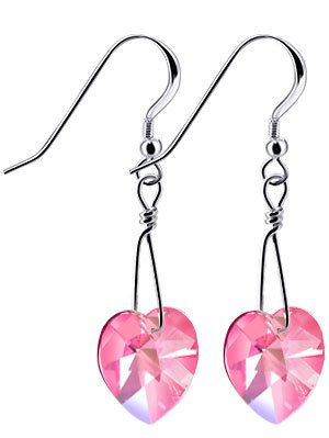 31SsESmXITL Sterling Silver Jewelry: SCER458 Pink Swarovski Crystal Heart Sterling Silver French Ear Wire Hook 1" Long Dangle Earrings