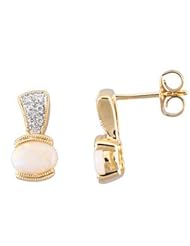 Cabachon Genuine Opal And Diamond Earrings 14K Yellow Gold Pair .07 Ct Tw Cabachon Genuine Opal And Diamond Earrings