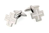 Rhodium plated cross shaped cufflinks with white enamel accent with presentation box