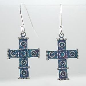 Cross Dangle Earrings with Double Circle Design in Sterling Silver and Purple Patina Finish,#9135