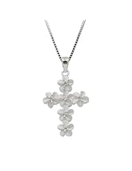 Sterling Silver Plumeria Cross Necklace Pendant with Box Chain