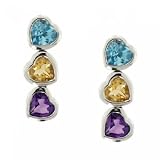 Silver 3 Heart Dangle Earrings Amethyst Topaz & Citrine