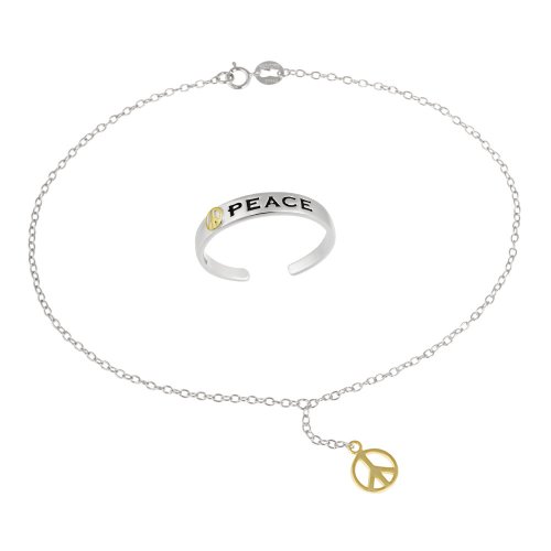 Sterling Silver and Gold Plated Toe Ring and Chain Anklet with Peace-Sign, 10