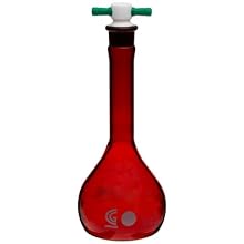 Chemglass CG-1618-200 Glass 200mL +/- 0.12mL Flat Bottom Red Stained Heavy Duty Wide Mouth Volumetric Flask, with PTFE Stopper, 175mm Height