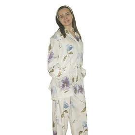 Buy Blue and Purple Flowers Printed Pajama, Ladies 100% Cotton Sateen, White, S-3X by Aegean