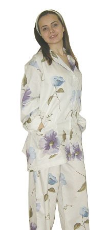 Blue and Purple Flowers Printed Pajama, Women's 100% Cotton Sateen, White, S-3X