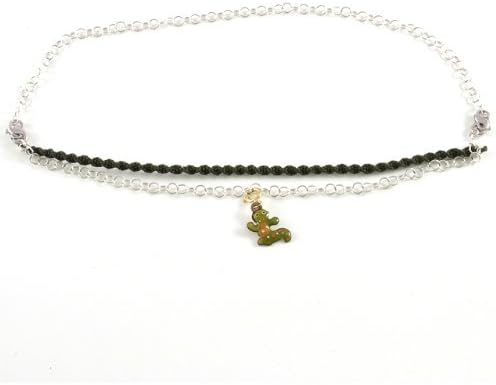 Gli Amorini Gabriella Rivalta silver necklace/bracelet with green gecko pendant Gli Amorini, Melodoro Collection Gabriella Rivalta. Silver and green cotton lanyard necklace, green gecko pendant; the necklace is equipped with two carabiners that allow to wear the jewel as a unique necklace or as two separate bracelets: a bracelet composed of chain + lanyard, the other composed of the single chain. The enamelled copper and gold carabiner pendant may be locked in any position.