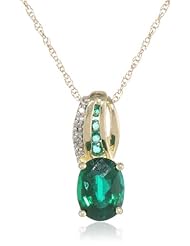 10k Yellow Gold Checkerboard Oval and Round Created Emerald Diamond Pendant Necklace (0.01 cttw, J-K Color, I2-I3 Clarity), 18"