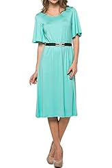 Flowy Belted Flared-Skirt Short Sleeves Tank Summer Round Neck Rayon/Spandex Party Dress 