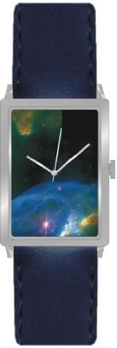 "Bubble Nebula NGC 7635" Is the Hubble Image on the Dial of the Polished Chrome Rectangle Watch with a Navy Blue Leather Strap