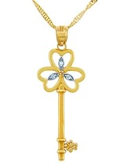 Valentines Special Heart Diamonds - 14k Gold Diamond Key Pendant with Three Echo Hearts (w Chain)