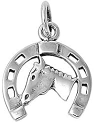Sterling Silver Horseshoe Horse Head Pendant Classic Charm Pure 925 New 17mm with 1.5mm Ball Bead Chain
