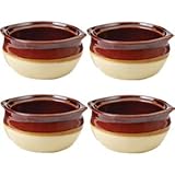Porcelain Ceramic Onion Soup Crock Bowl, Small 10 Ounce, Set of 4, Brown and Beige